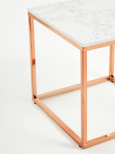 Square White Marble Top End Table with Rose Gold Metal Frame, Allure