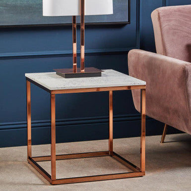 Square White Marble Top End Table with Rose Gold Metal Frame, Allure