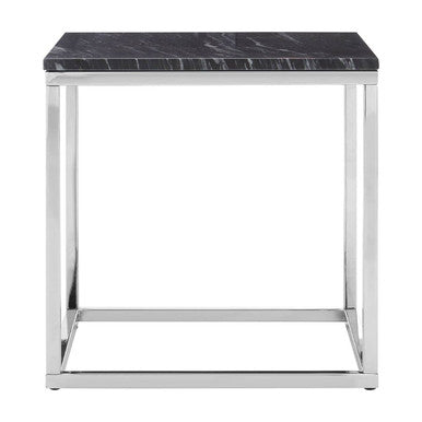 Square Black and White Marble End Table with Chrome Metal Base, Allure