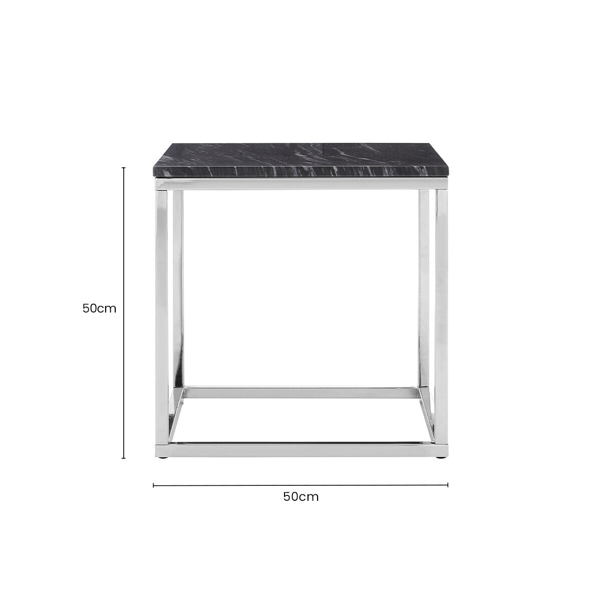 Square Black and White Marble End Table with Chrome Metal Base, Allure