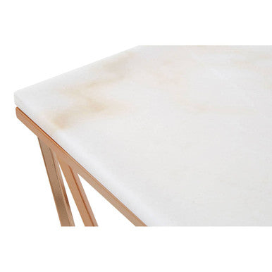 White Marble Champagne Rectangular End Table with Rose Gold Metal Frame, Allure