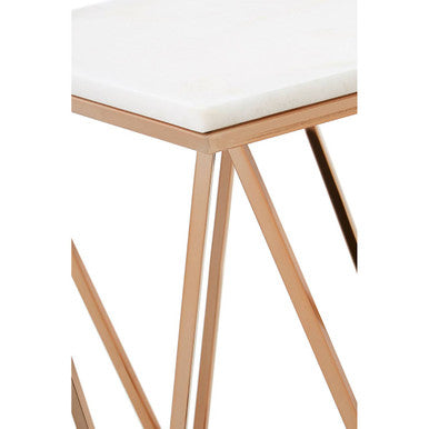 White Marble Champagne Rectangular End Table with Rose Gold Metal Frame, Allure