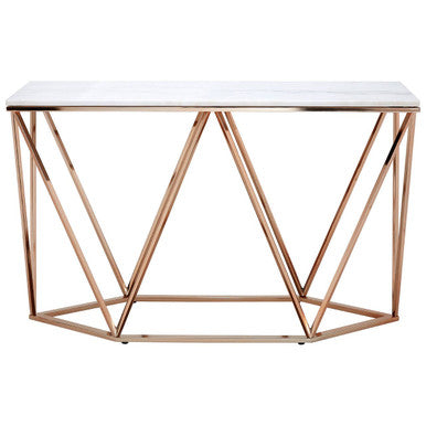 White Marble Champagne Rectangular Console Table with Rose Gold Metal Frame, Allure