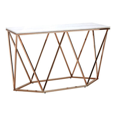 White Marble Champagne Rectangular Console Table with Rose Gold Metal Frame, Allure