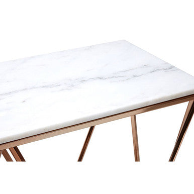 White Marble Champagne Rectangular Console Table with Rose Gold Metal Frame, Allure