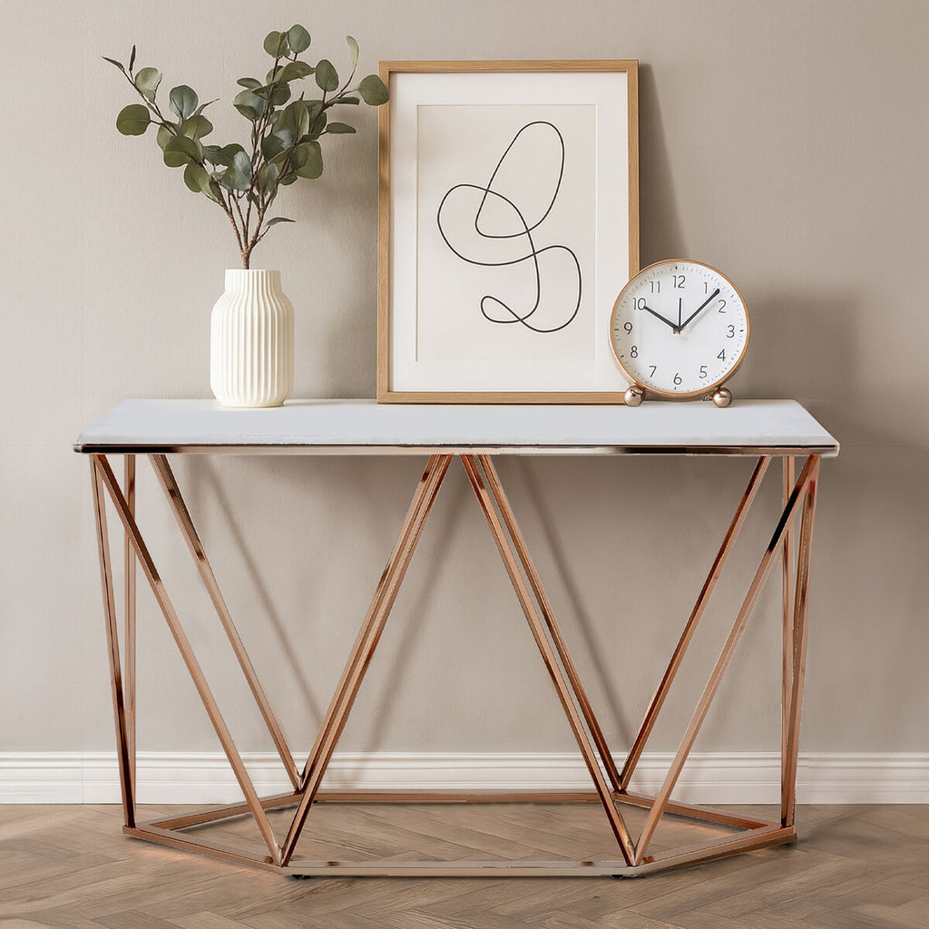Allure White Marble Rectangular Console Table with Champagne Base
