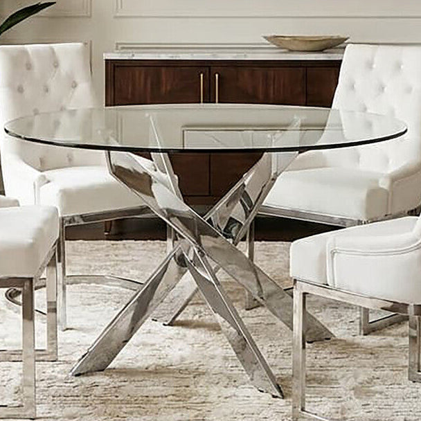 Round Clear Tempered Glass Dining Table with Intersecting Chrome Stainless Steel Legs, Allure