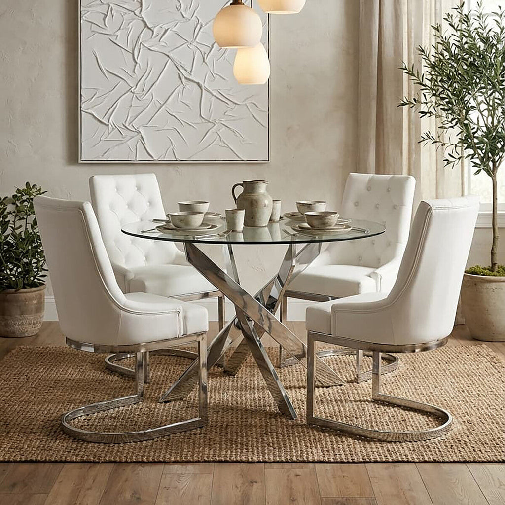 Allure Chrome Metal Round Dining Table with Clear Glass Top