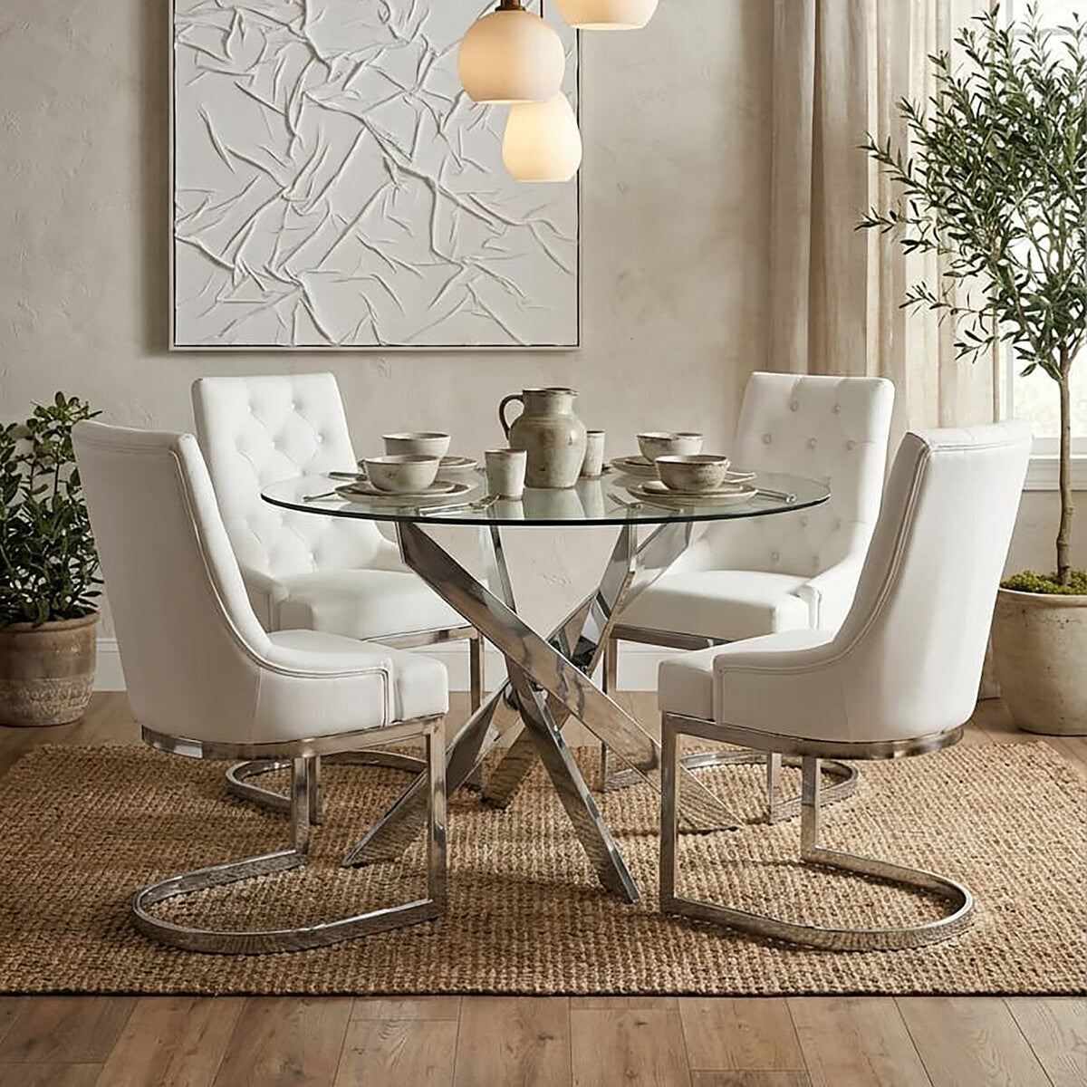 Round Clear Tempered Glass Dining Table with Intersecting Chrome Stainless Steel Legs, Allure