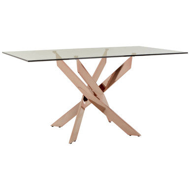 Allure Rose Gold Metal Rectangular Dining Table with Clear Glass Top