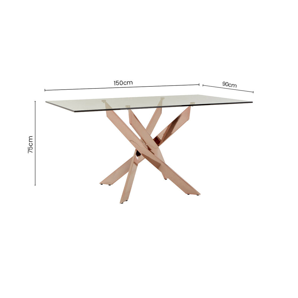 Allure Rose Gold Metal Rectangular Dining Table with Clear Glass Top