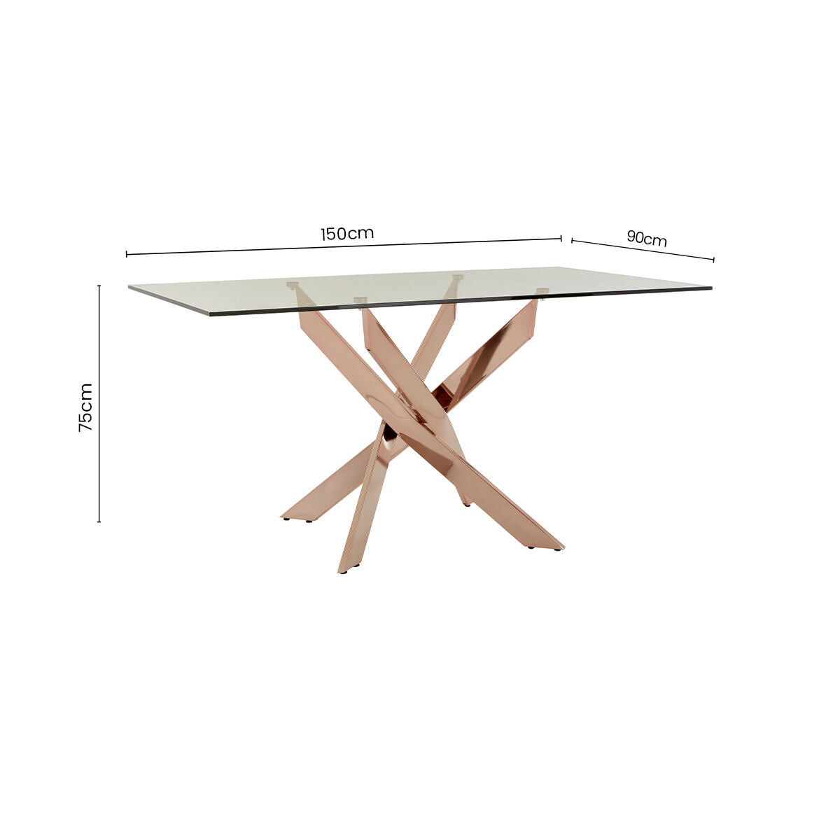 Allure Rose Gold Metal Rectangular Dining Table with Clear Glass Top