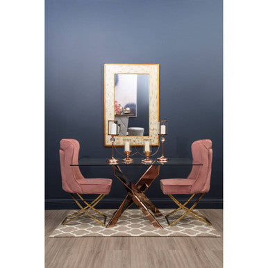 Rectangular Tempered Glass Top Dining Table with Intersecting Rose Gold Stainless Steel Base, Allure