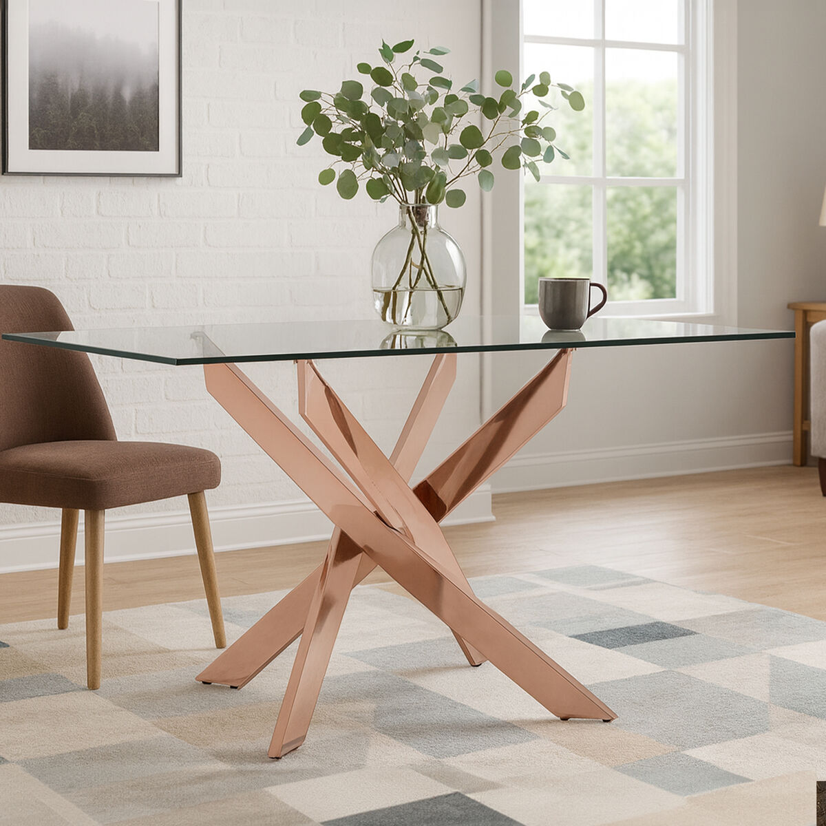 Rectangular Tempered Glass Top Dining Table with Intersecting Rose Gold Stainless Steel Base, Allure
