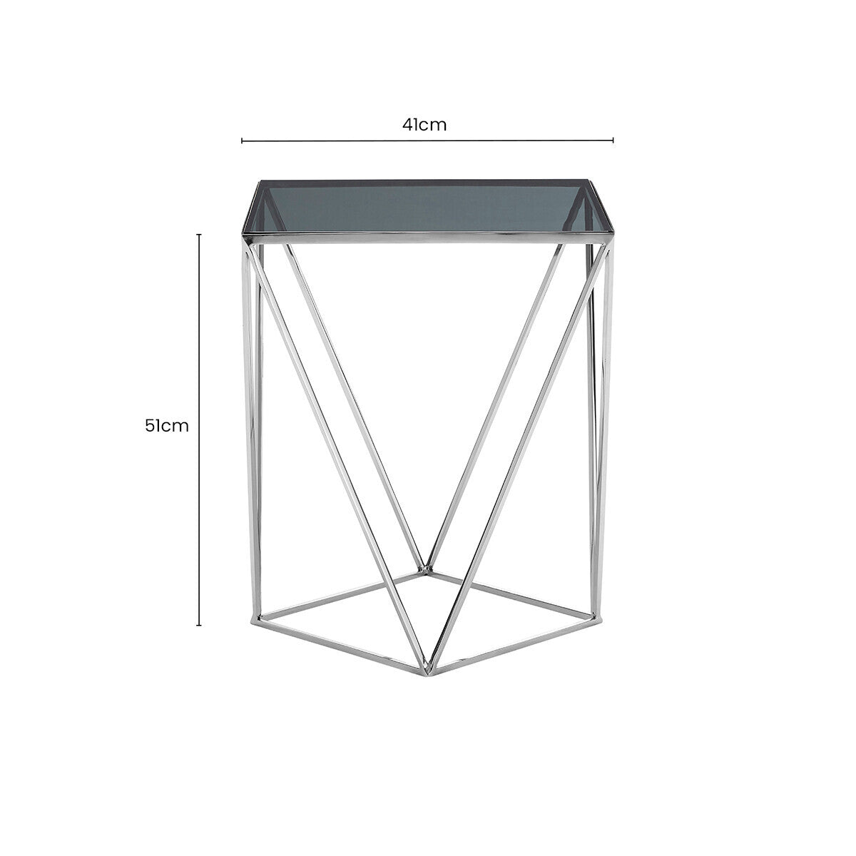 Black Square Tempered Glass Top Prism Side Table with Polished Stainless Steel Base, Shalimar