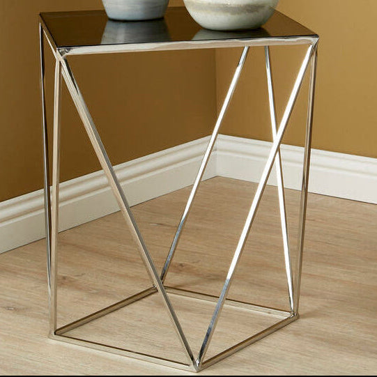 Black Square Tempered Glass Top Prism Side Table with Polished Stainless Steel Base, Shalimar