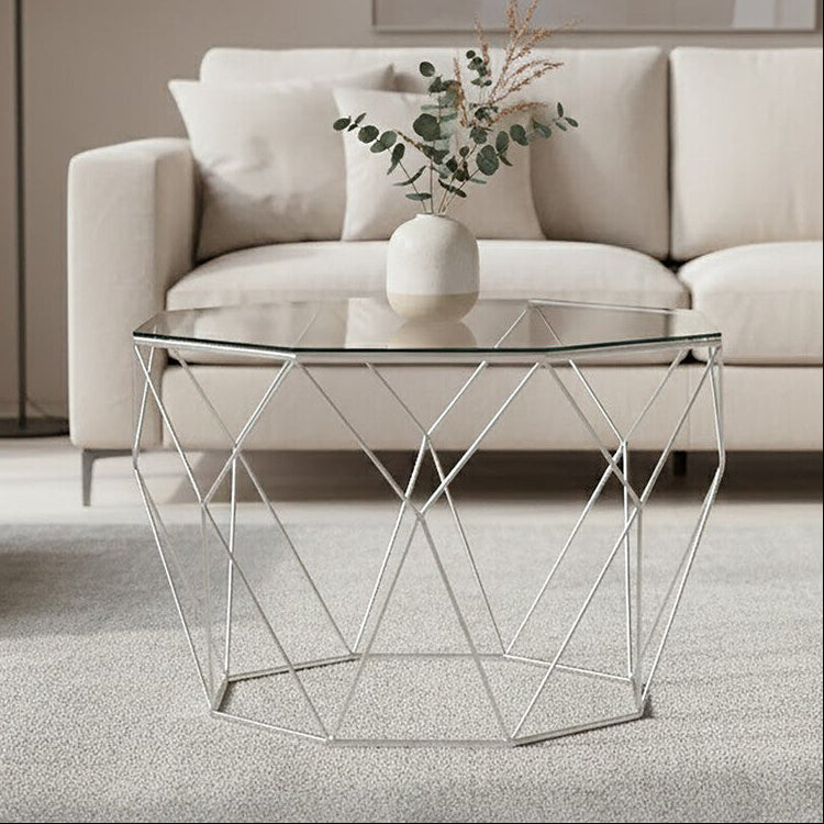Tempered Glass Top Octagonal Coffee Table with Silver Metal Base, Shalimar