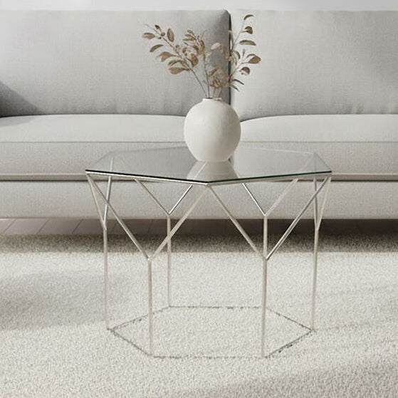Pentagonal Silver Glass Top and Steel Base Coffee Table, Shalimar