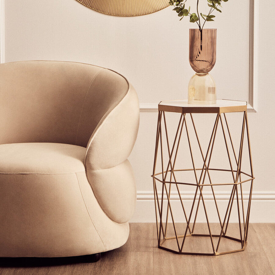 White Marble Top Octagonal Side Table with Gold Metal Open Frame, Shalimar
