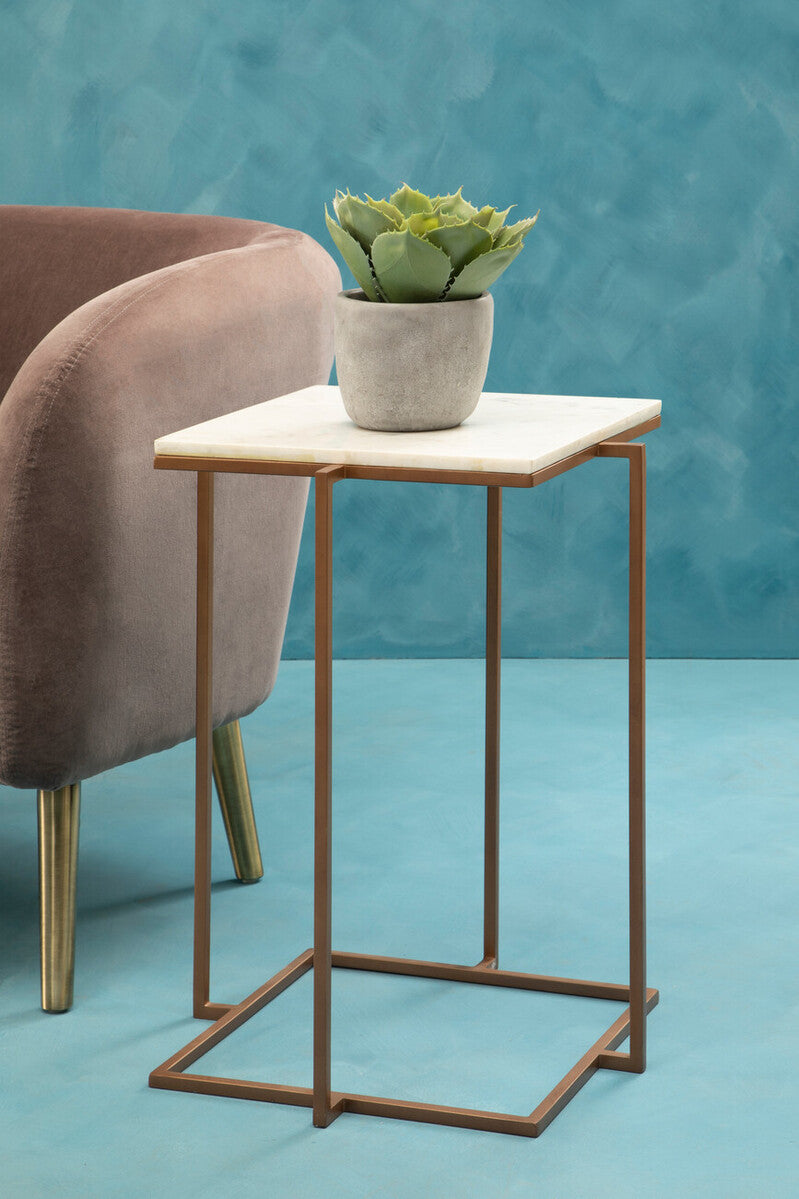 White Marble Top Side Table with Gold Finish Iron Legs, Shalimar