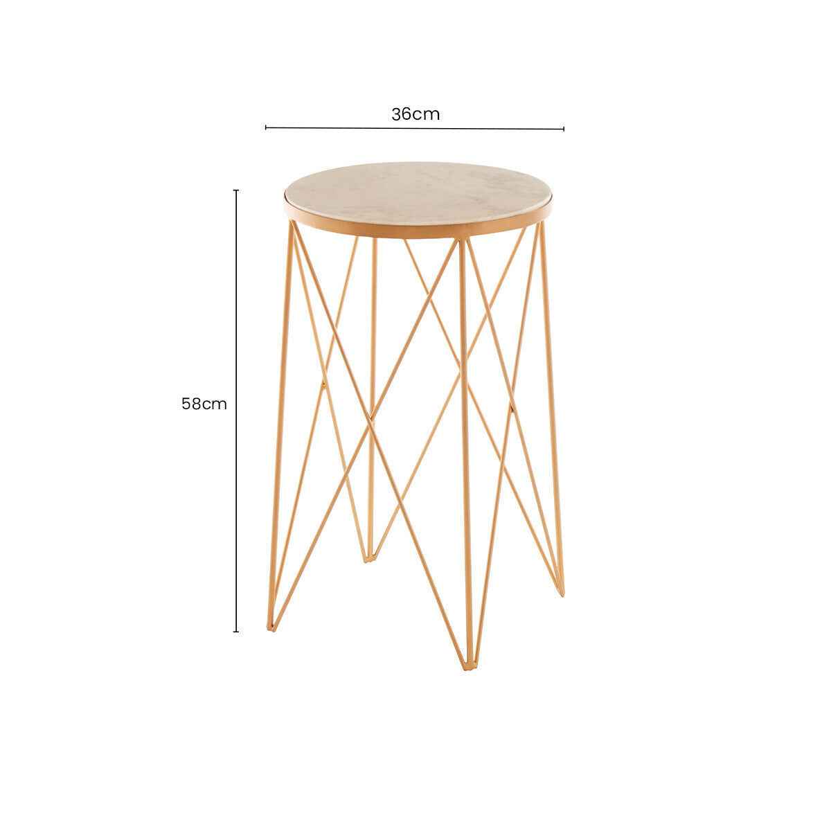 White Round Marble Top Boutique Style Side Table with Gold Latticed Legs, Shalimar