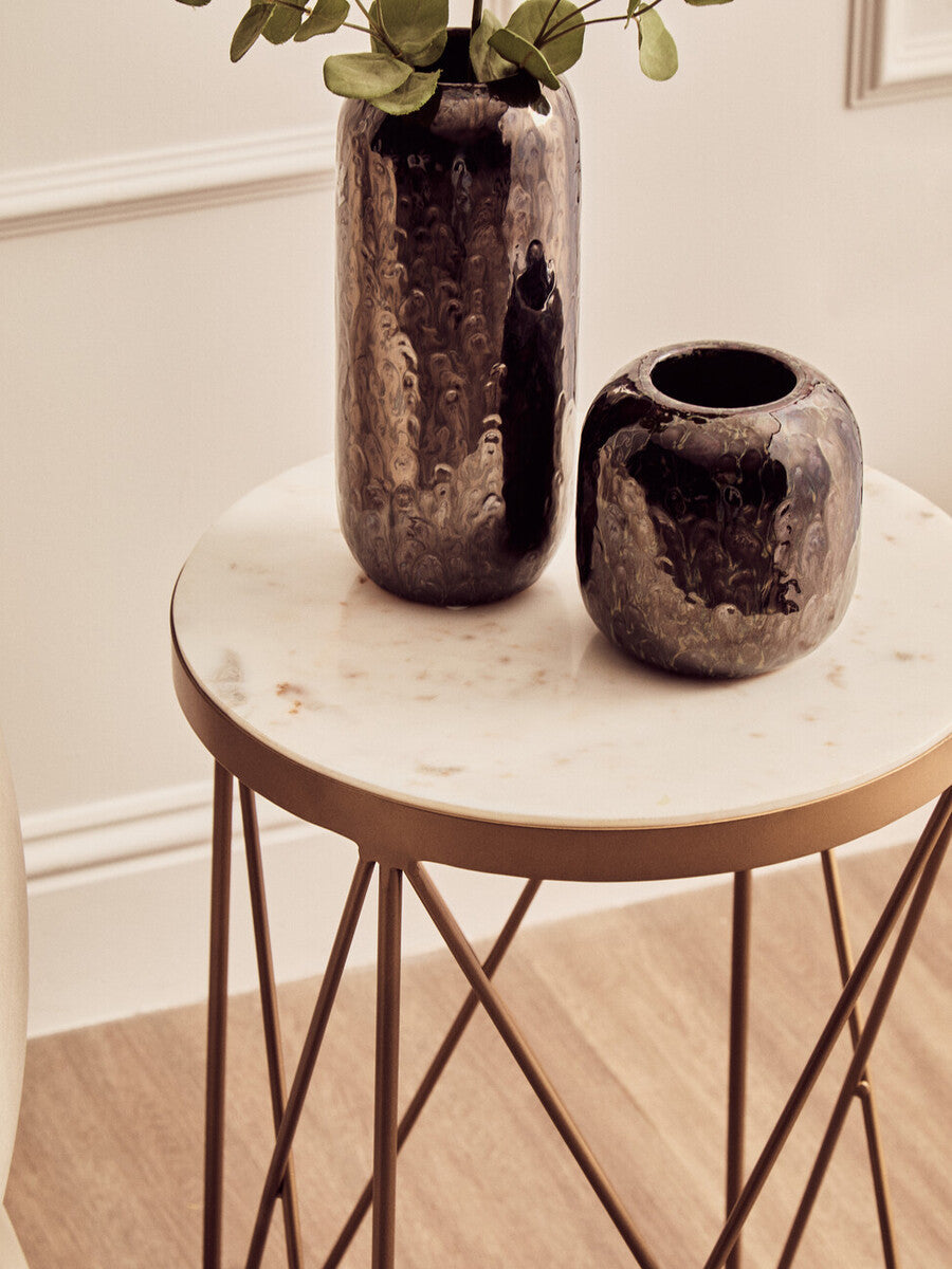 White Round Marble Top Boutique Style Side Table with Gold Latticed Legs | Shalimar
