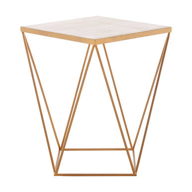 Natural Round Marble Top Side Table with Geometric Gold Metallic Base, Shalimar