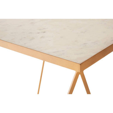 Natural Round Marble Top Side Table with Geometric Gold Metallic Base, Shalimar