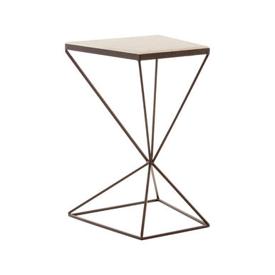 Natural Marble Top Trapezoid Side Table with Matte Black Iron Legs, Shalimar