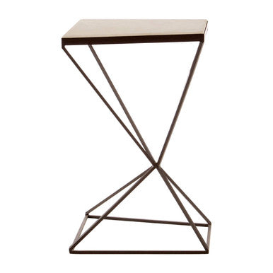 Natural Marble Top Trapezoid Side Table with Matte Black Iron Legs, Shalimar