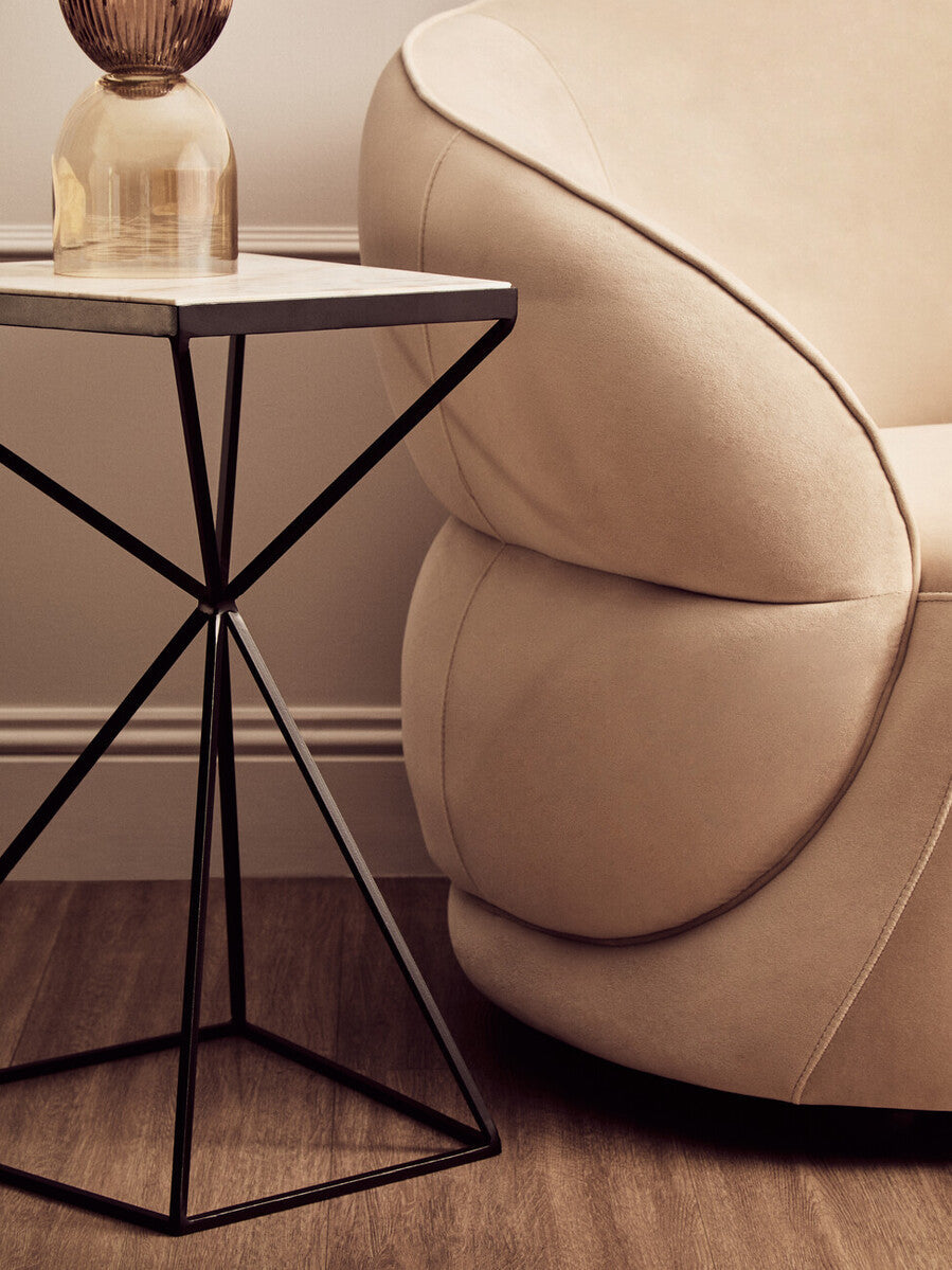 Natural Marble Top Trapezoid Side Table with Matte Black Iron Legs, Shalimar