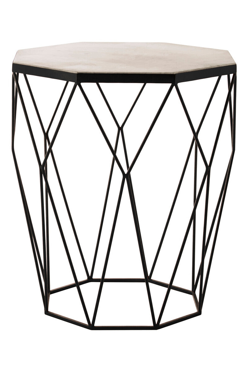 Natural White Octagon Marble Top and Matte Black Steel Legs Side Table, Shalimar