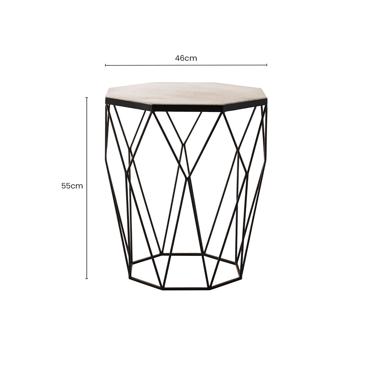 Natural White Octagon Marble Top and Matte Black Steel Legs Side Table, Shalimar