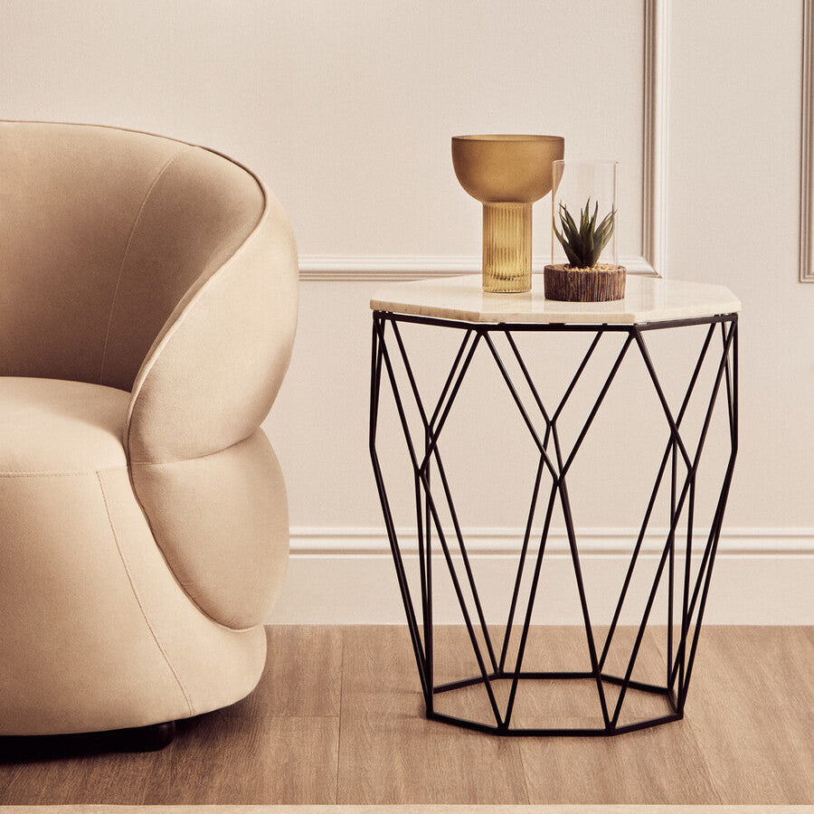 Natural White Octagon Marble Top and Matte Black Steel Legs Side Table, Shalimar