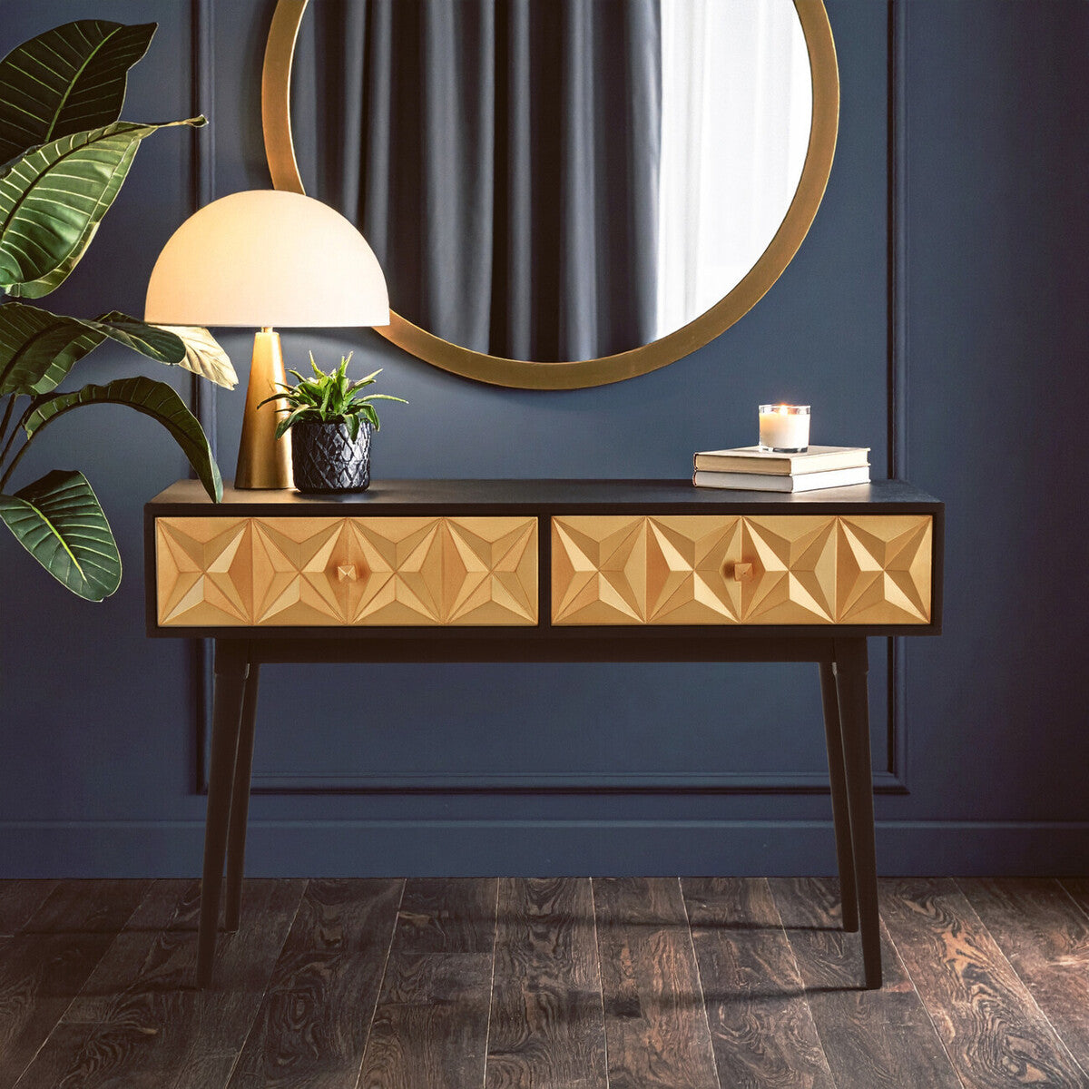 Black and Gold Mango Wood Console Table with Geometric Accents, Malta