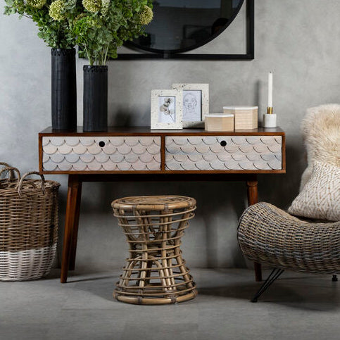 Natural Mango Wood Console Table with 2 Drawers, Costal