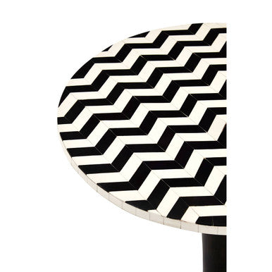 White and Black Two-Tone Geometric Acacia Wood Bar Table with Black Iron Pedestal Base, Artisan