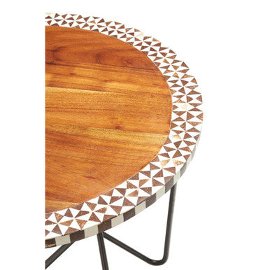 Natural Geometric Acacia Wood Round Side Table with Black Metal Legs, Artisan