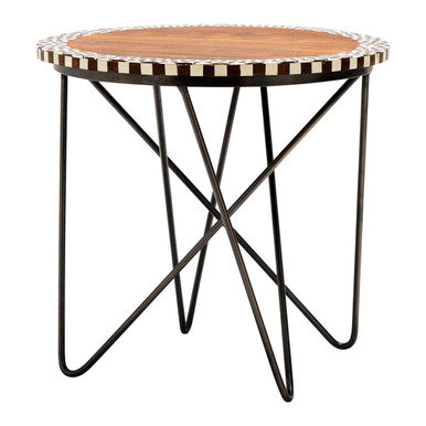 Natural Geometric Acacia Wood Round Side Table with Black Metal Legs, Artisan
