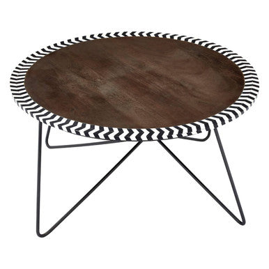 Natural Acacia Wood Coffee Table with Chevron Trim and Black Iron Hairpin Legs, Artisan