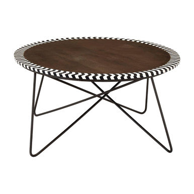 Natural Acacia Wood Coffee Table with Chevron Trim and Black Iron Hairpin Legs, Artisan