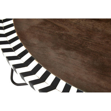 Natural Acacia Wood Coffee Table with Chevron Trim and Black Iron Hairpin Legs, Artisan
