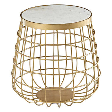 White Marble Top Side Table with Gold Brass Finish Latticed Metal Base, Nirav