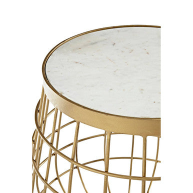 White Marble Top Side Table with Gold Brass Finish Latticed Metal Base, Nirav