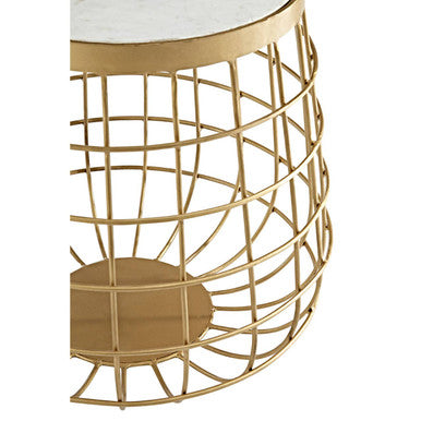 White Marble Top Side Table with Gold Brass Finish Latticed Metal Base, Nirav
