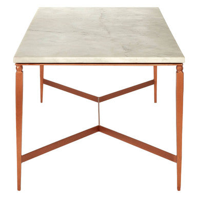 White Marble Top Coffee Table with Warm Copper Tapered Iron Legs, Nirav