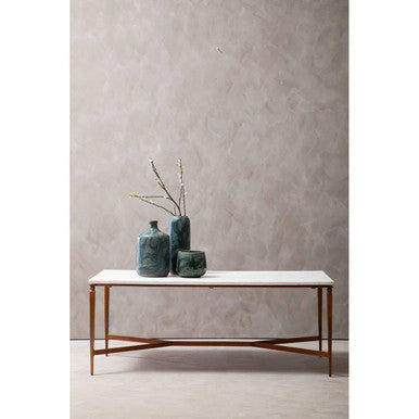 White Marble Top Coffee Table with Warm Copper Tapered Iron Legs, Nirav