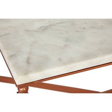 White Marble Top Coffee Table with Warm Copper Tapered Iron Legs, Nirav