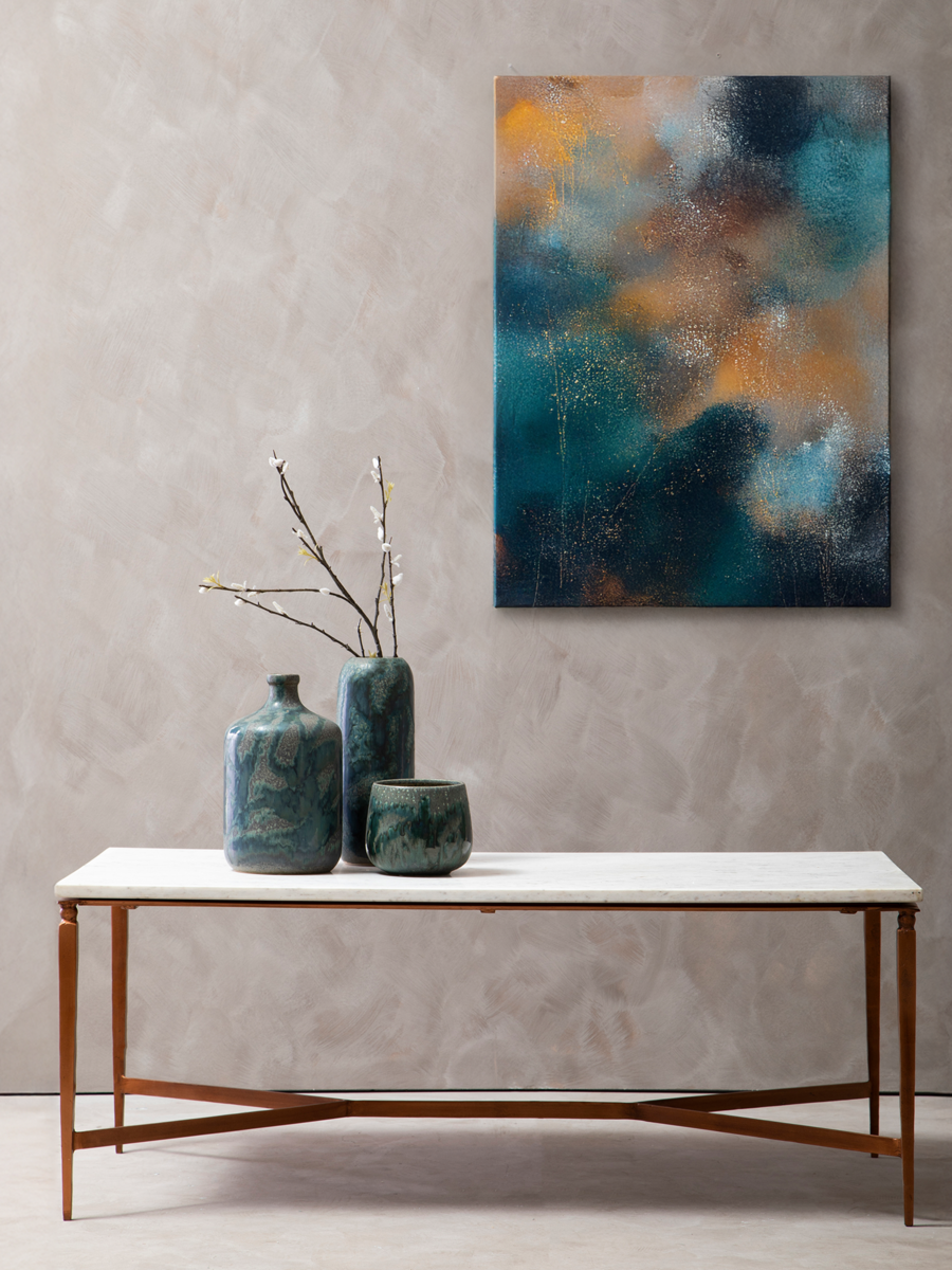 White Marble Top Coffee Table with Warm Copper Tapered Iron Legs, Nirav