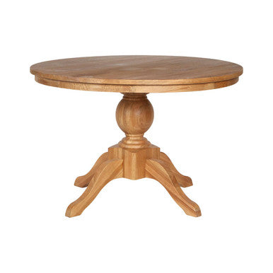 Brown Solid Natural Oak Wood Round Dining Table with Turned Pedestal Base, Lyon